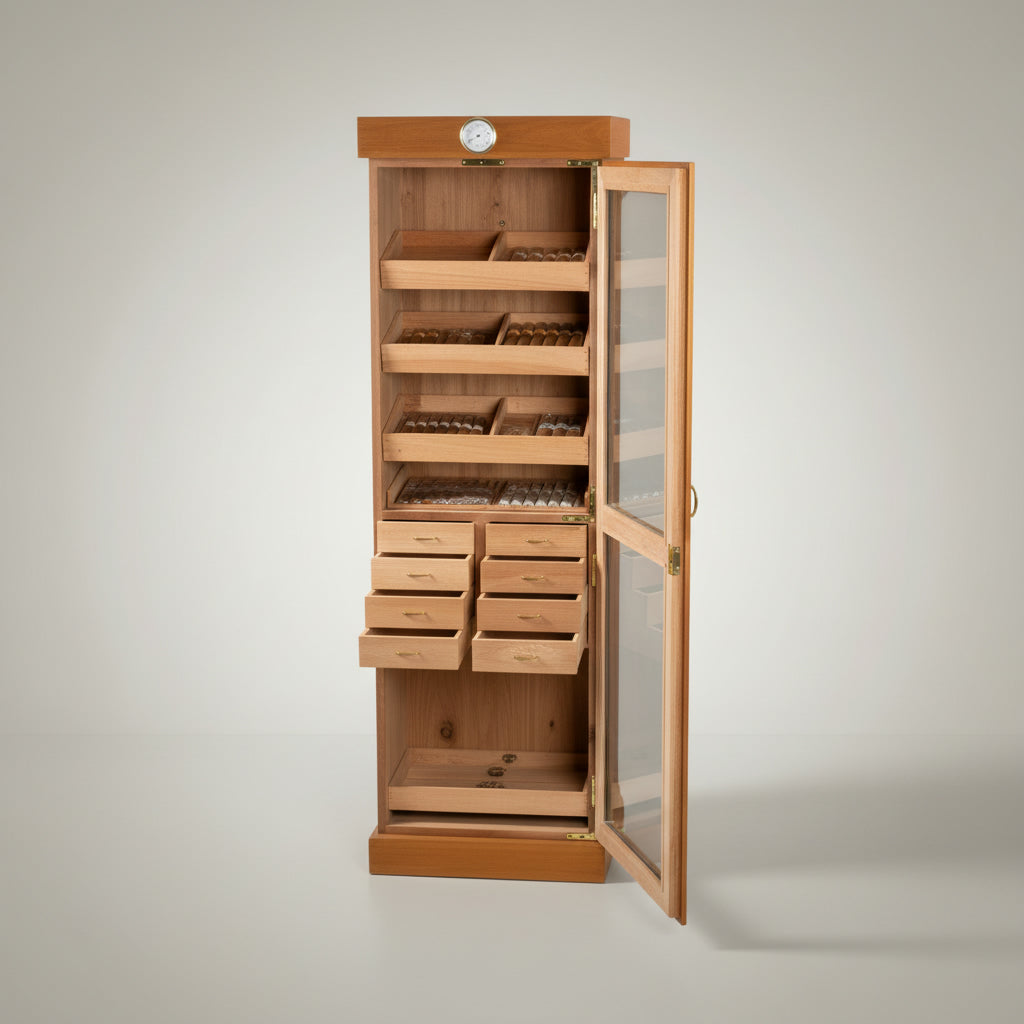 Tower Display Humidor, Oak, 4-shelf/8 drawers, 22 1/2 inch W x 16 1/2 D x 72 inch H, Holds up to 3,000 Cigars