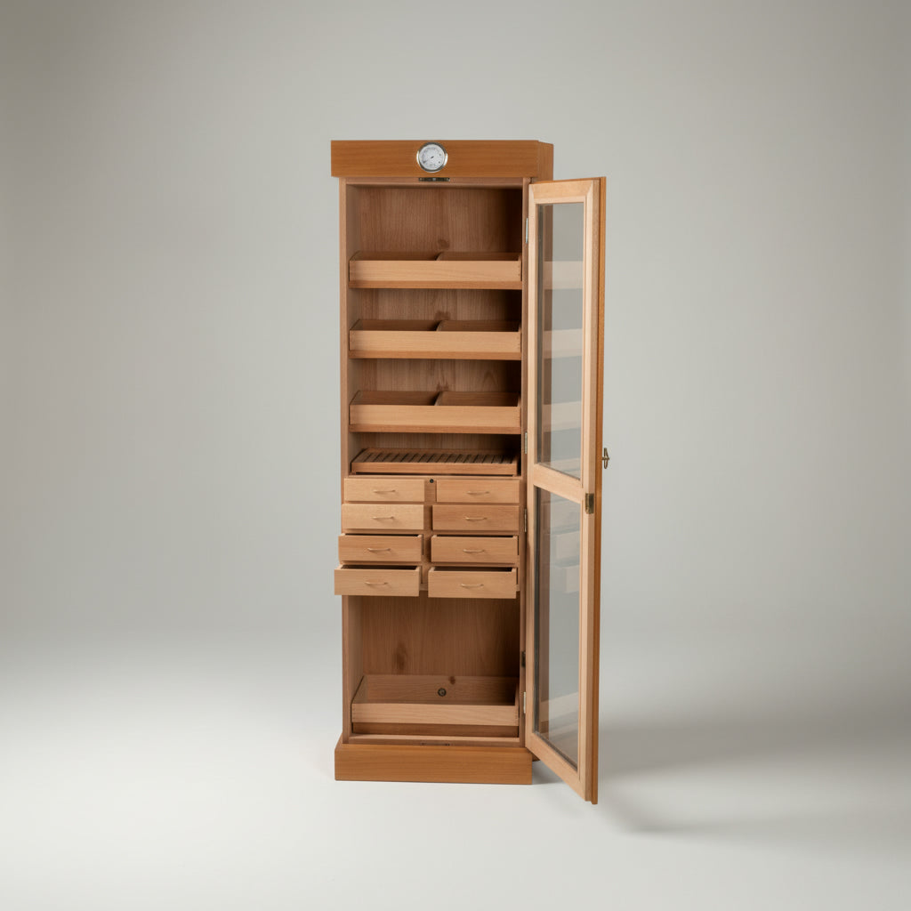 Tower Display Humidor, Oak, 4-shelf/8 drawers, 22 1/2 inch W x 16 1/2 D x 72 inch H, Holds up to 3,000 Cigars