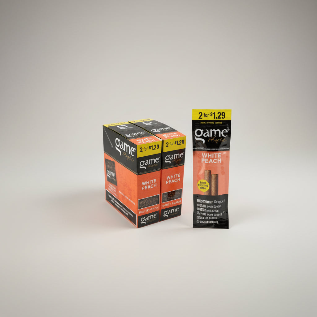 Game White Peach 2 For $1.29 Cigarillos Pre-Priced Upright