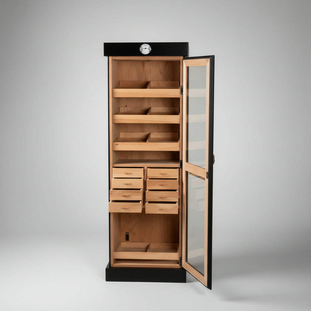 Tower Display Humidor, Black, 4 shelf 8 drawers, 22 1/2 inch W x 16 1/2 D x 72 inch H, Holds up to 3000 Cigars