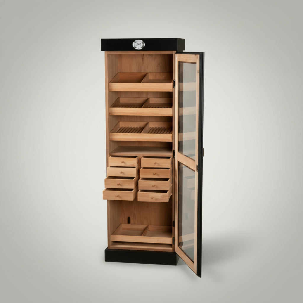 Tower Display Humidor, Black, 4 shelf 8 drawers, 22 1/2 inch W x 16 1/2 D x 72 inch H, Holds up to 3000 Cigars